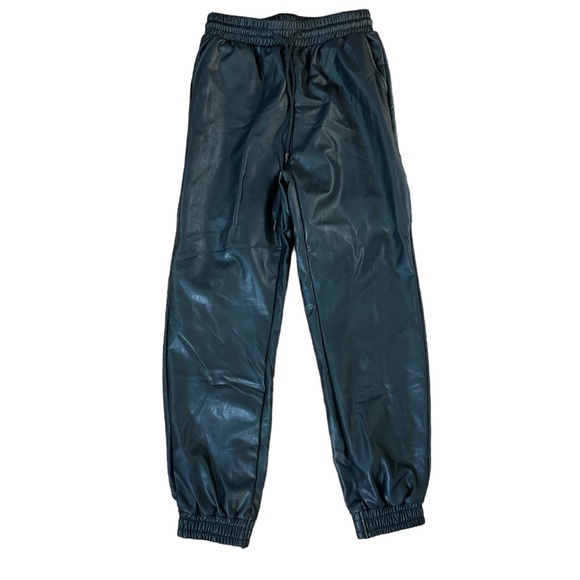 Black leather pleather fleece lined drawstring joggers jogging pants small - Picture 4 of 7